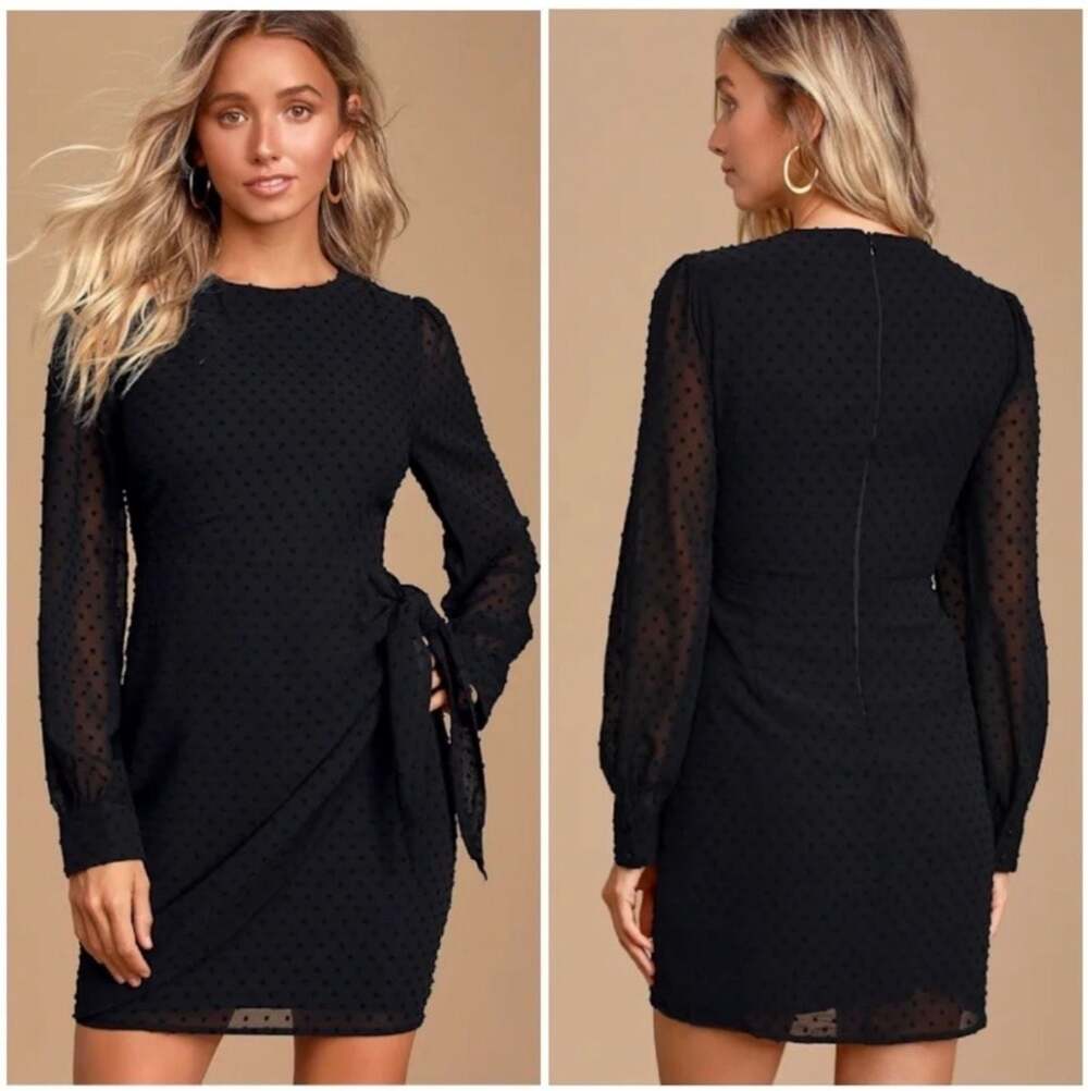 Lulus Much Love Black‎ Swiss Dot Long Sleeve Tie-Front Mini Dress
